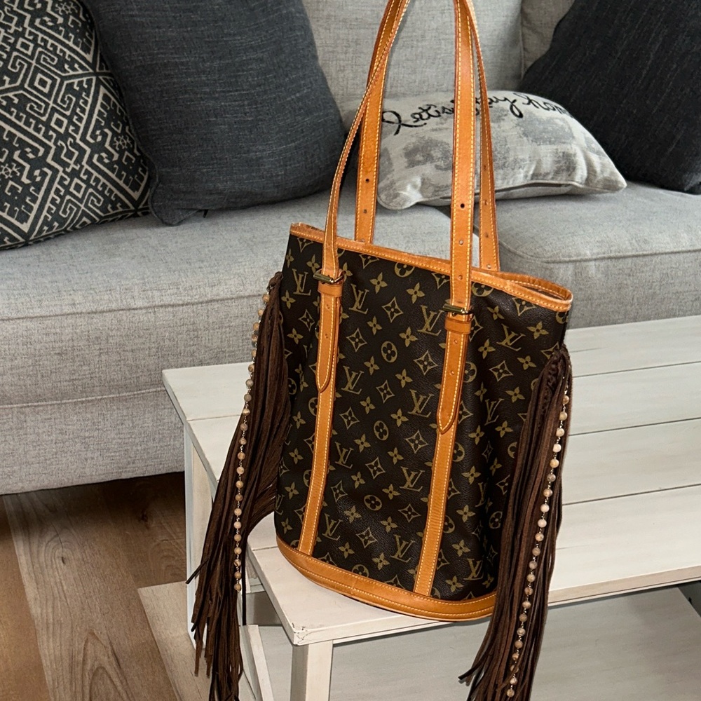 Vintage Boho Bags Brown Monogram Tote with Fringe